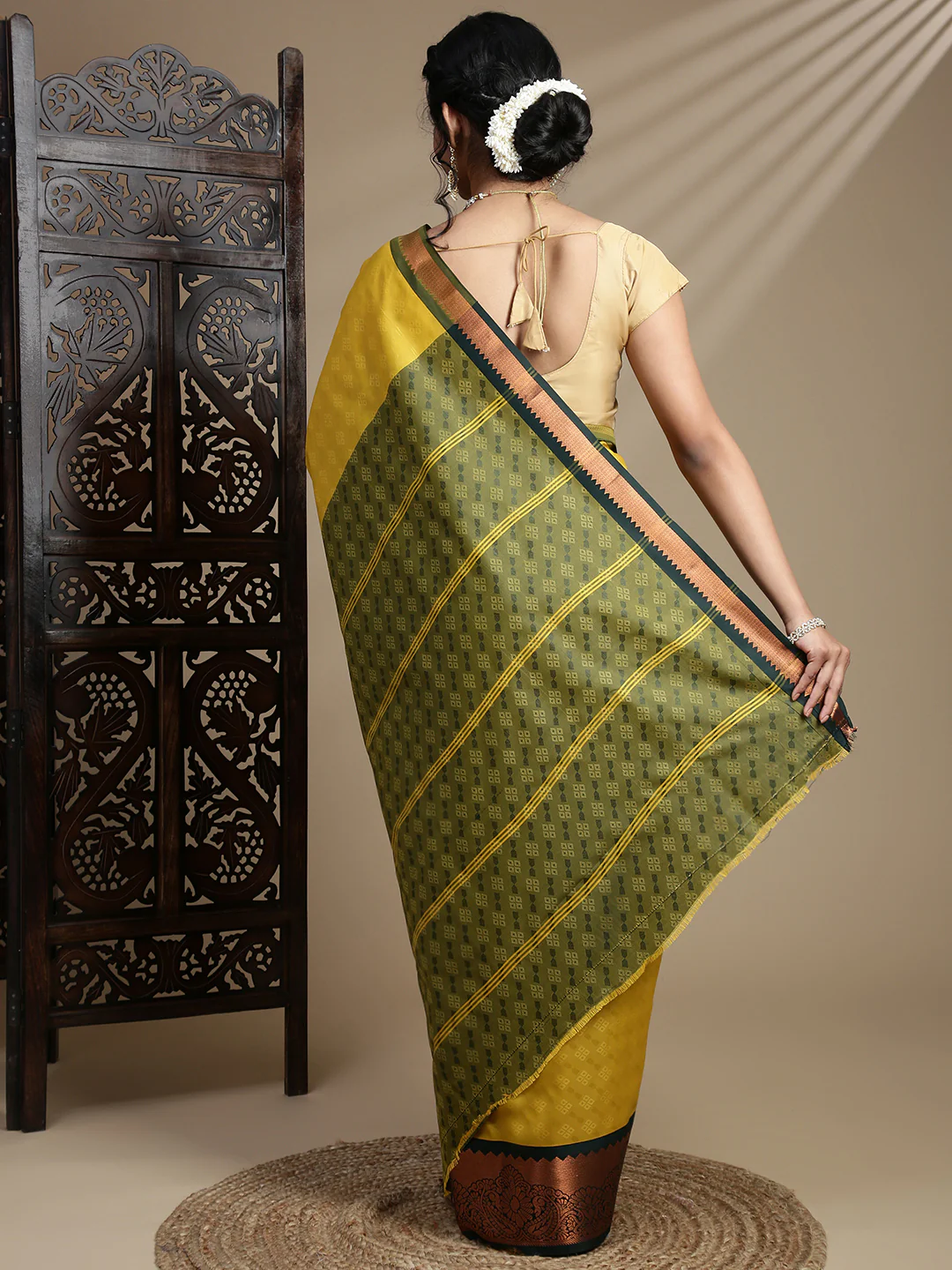 Women Yellow with Green Art Silk Saree ASS115 - Image 4