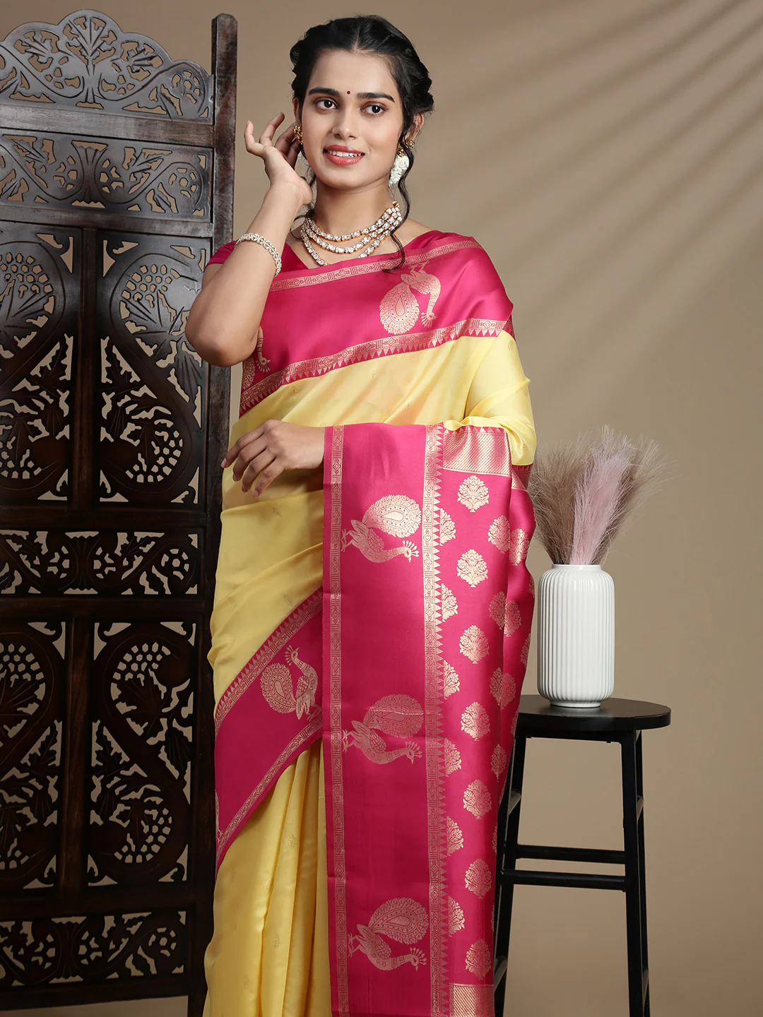 Women Yellow with Pink Border Soft Silk Saree SS392 - Image 3