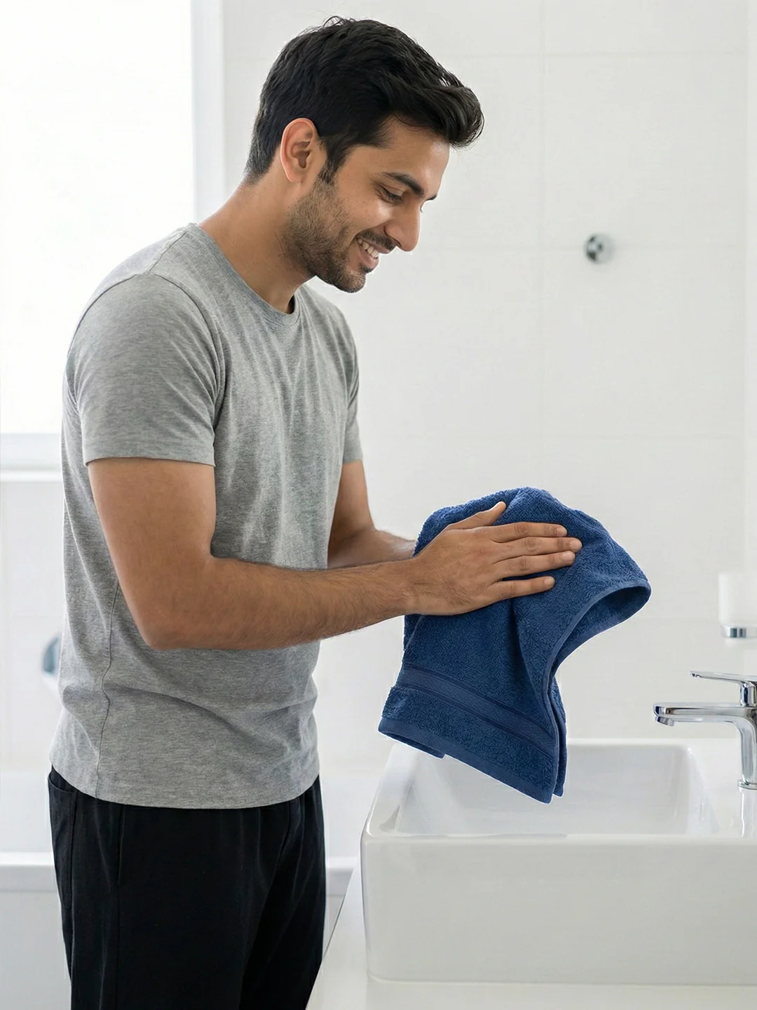 You & Me Premium Soft Terry Cotton Couple Bath, Face & Hand Towels Sail Navy (Pack Of 6) - Image 3